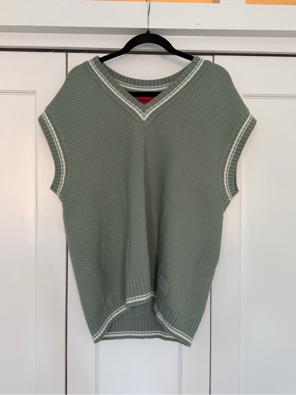 Hugo Boss Sage Green V-Neck Knit Vest with White Trim